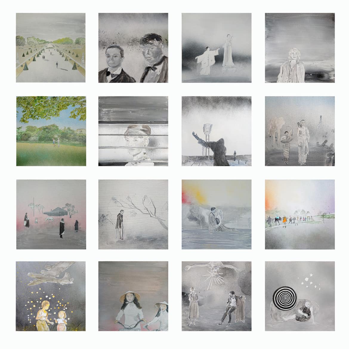 ’16 Art films’, 2019, acrylic on canvas, set of 16 paintings, ca. 100 x 120 cm overall, 20 x 25 cm