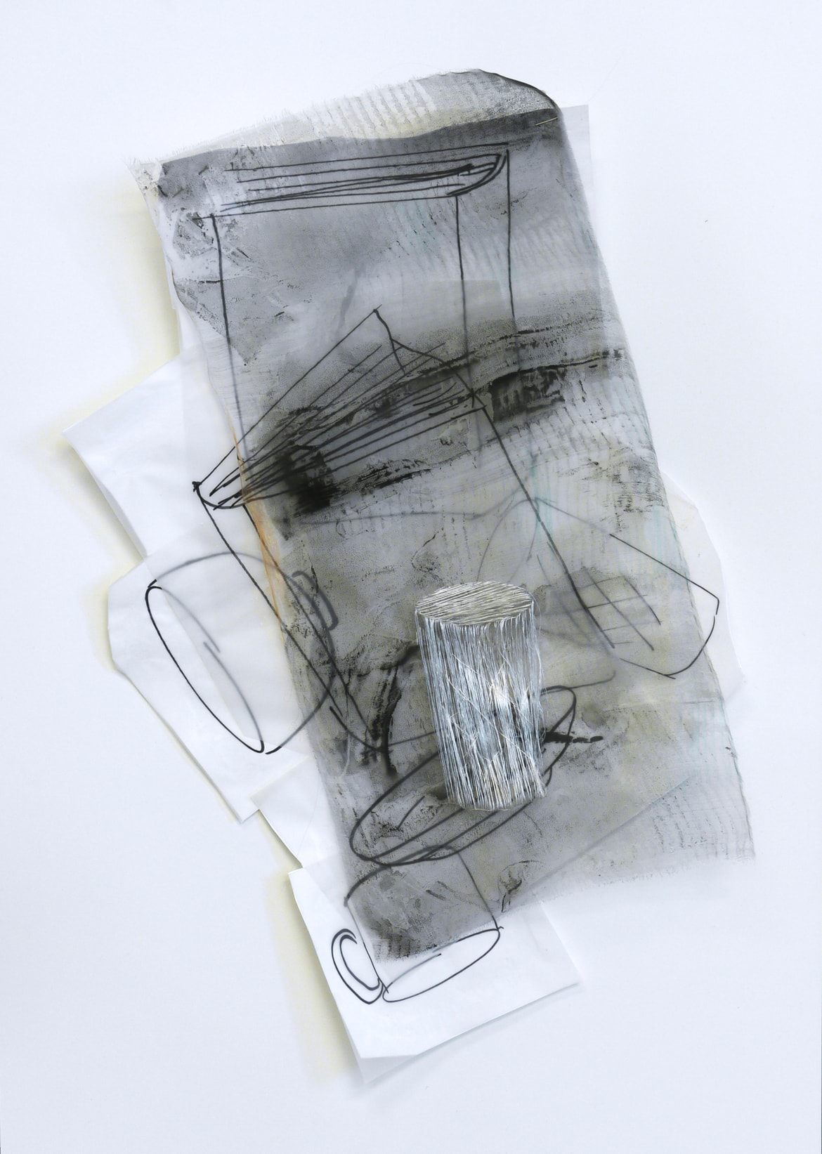 The Time to Stop 2', 2014, Paper, drawing with permanent pen, Italian coloured synthetic cloth, Japanese silk thread, 45 x 61cm
