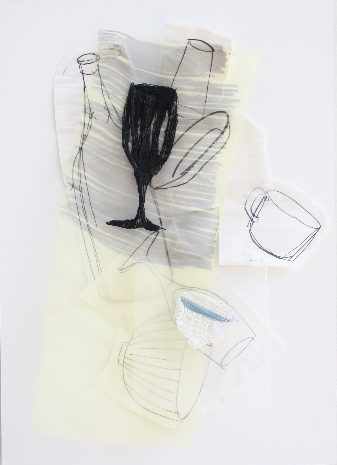 ‘The Time to Stop III’, 2014, 80 x 50 cm, Paper, drawing with permanent pen, Italian coloured synthetic cloth, Japanese silk thread