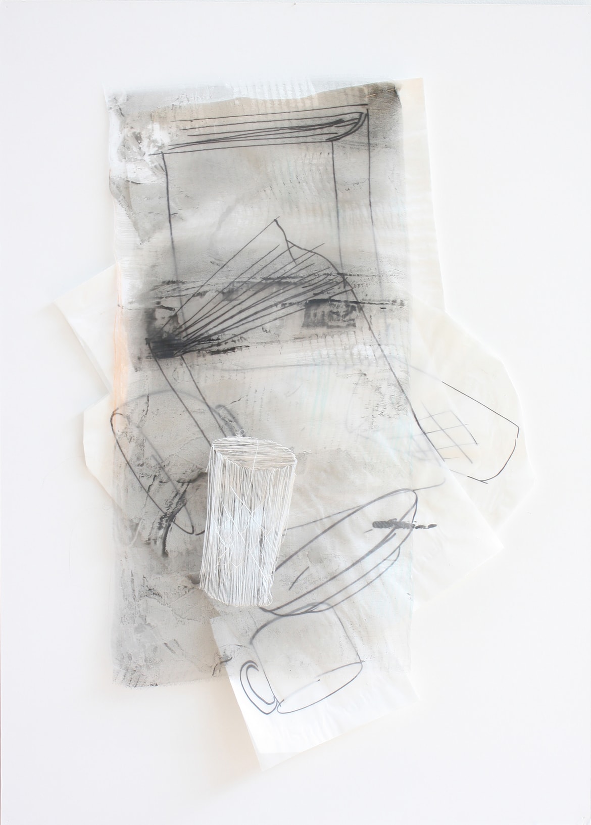 ‘The Time to Stop I’, 2014, 80 x 50 cm, Paper, drawing with permanent pen, Italian coloured synthetic cloth, Japanese silk thread
