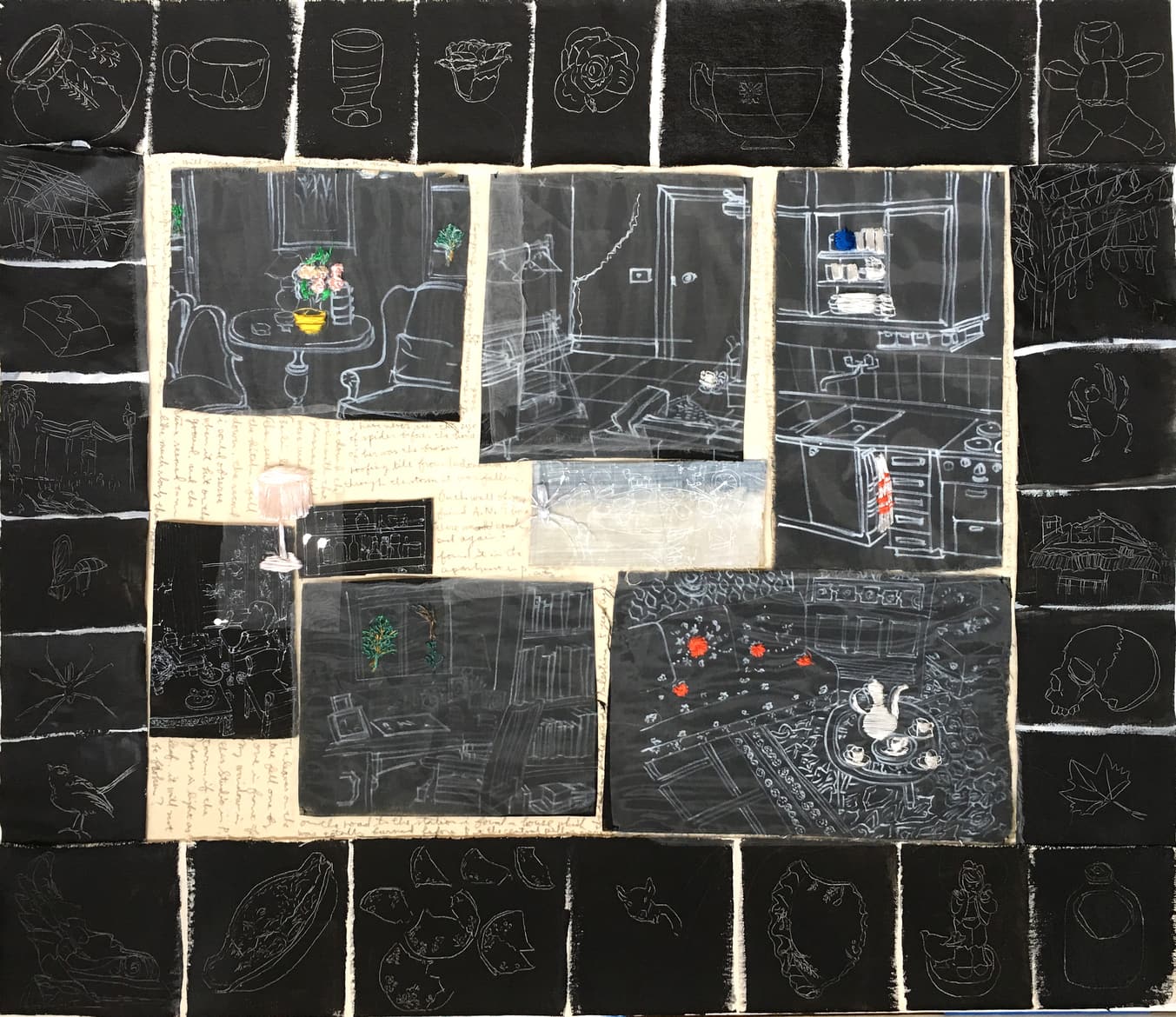 ‘The things to renovate 2 in P.City’, 2014, 80 x 100 cm, Paper, drawing with permanent pen, Italian coloured synthetic cloth, Japanese silk thread