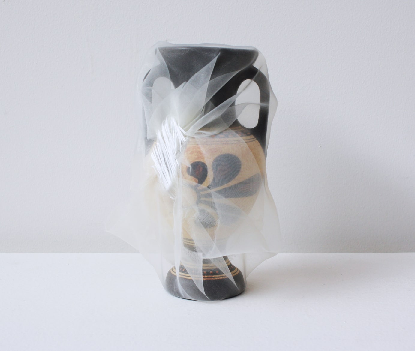 ‘Renovated Greece flower vase’, 2014, ceramic vase, Italian synthetic cloth, Japanese silk thread, 17H x 7D cm