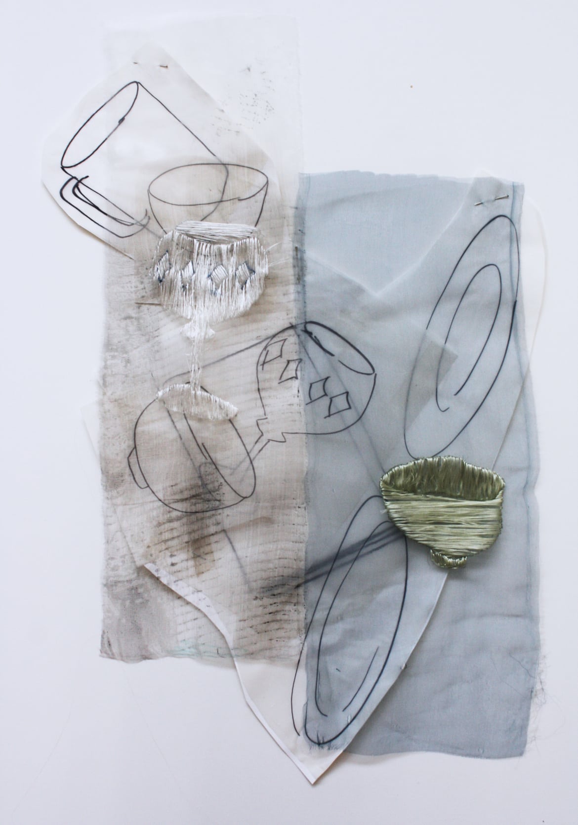‘The time to stop 3’, 2014, paper, drawing with permanent pen, Italian coloured synthetic cloth, Japanese silk thread, 45x61cm