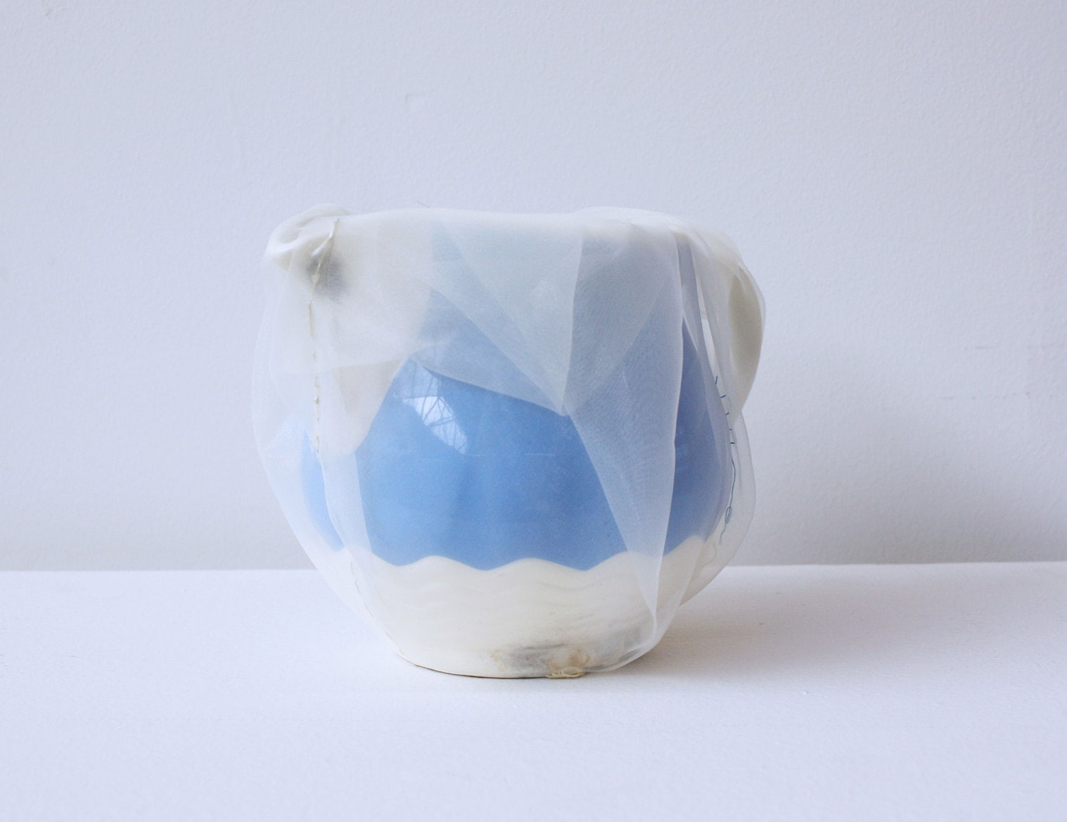 ‘Renovated R.D.’s pitcher’, 2013, ceramic jug, Italian synthetic cloth, Japanese silk thread, 13H 18D cm