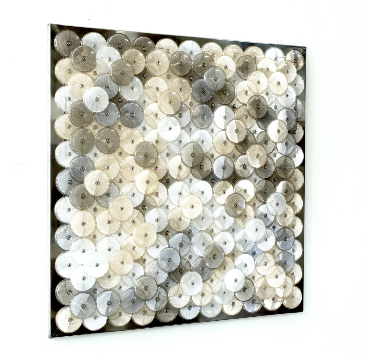 ‘Dust (peach)’, 2019, customised corner reflectors, polished aluminium, 97 x 97 cm