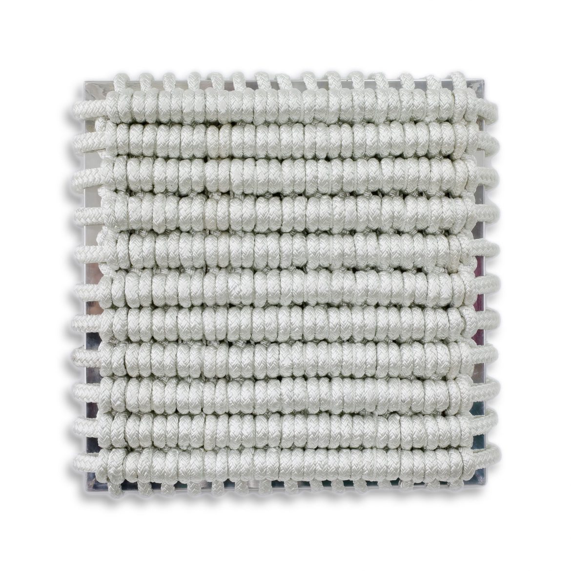 'Between #1', 2020, polyester and polypropylene rope on polished aluminium frame, 65 x 65 x 11 cm