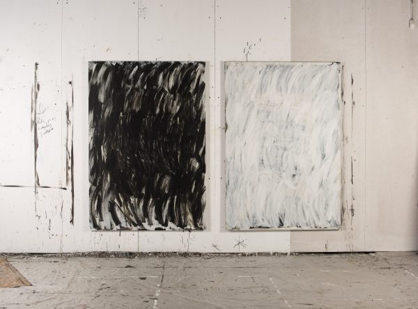 Lottie Consalvo, 'The Deepest Sea, Black' (left) and 'The Deepest Sea, White' (right), 2019, acrylic on canvas, 188 x 138 cm each.
