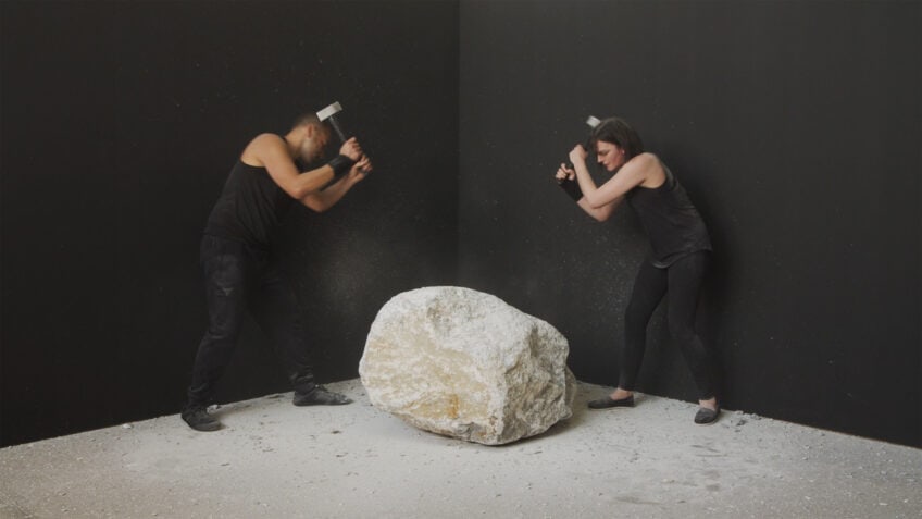 ‘Dialogue’, 2020, performance with limestone, HD video with sound, 06:55 hours, edition of 3 + 2AP, $6,000 Performers: Emma Fielden and Tarik Ahlip. Videographer: Dara Gill. Commissioned by Parramatta Artists’ Studios Rydalmere for NEXT.