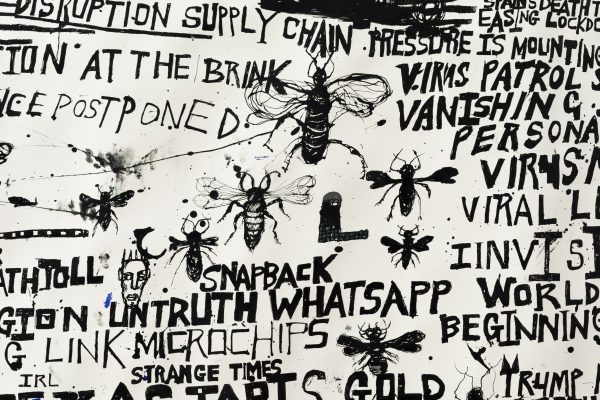 Locust Jones, 'Covid 19, six weeks in the life of a global pandemic from March 9 to April 20 and the mass media and states of Hysteria that accompanied this time.' (detail), 2020, ink and pencil on paper, 154 x 1000 cm
