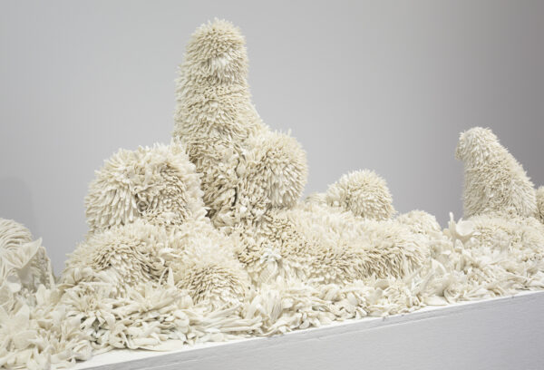 Juz Kitson, ‘Accumulated Associations; They Form Potentialities or Possibilities’, 2019, Jingdezhen porcelain, southern ice porcelain, timber, plinth included, 80 x 200 x 50 cm artwork size, 48 x 216 x 170 cm overall