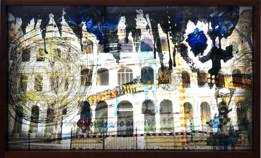 Locust Jones, ‘Wuhan Diary’, 2020, mixed media on translucent film with face-mounted photographic image on acrylic in framed light box, 80 x 140 x 11 cm