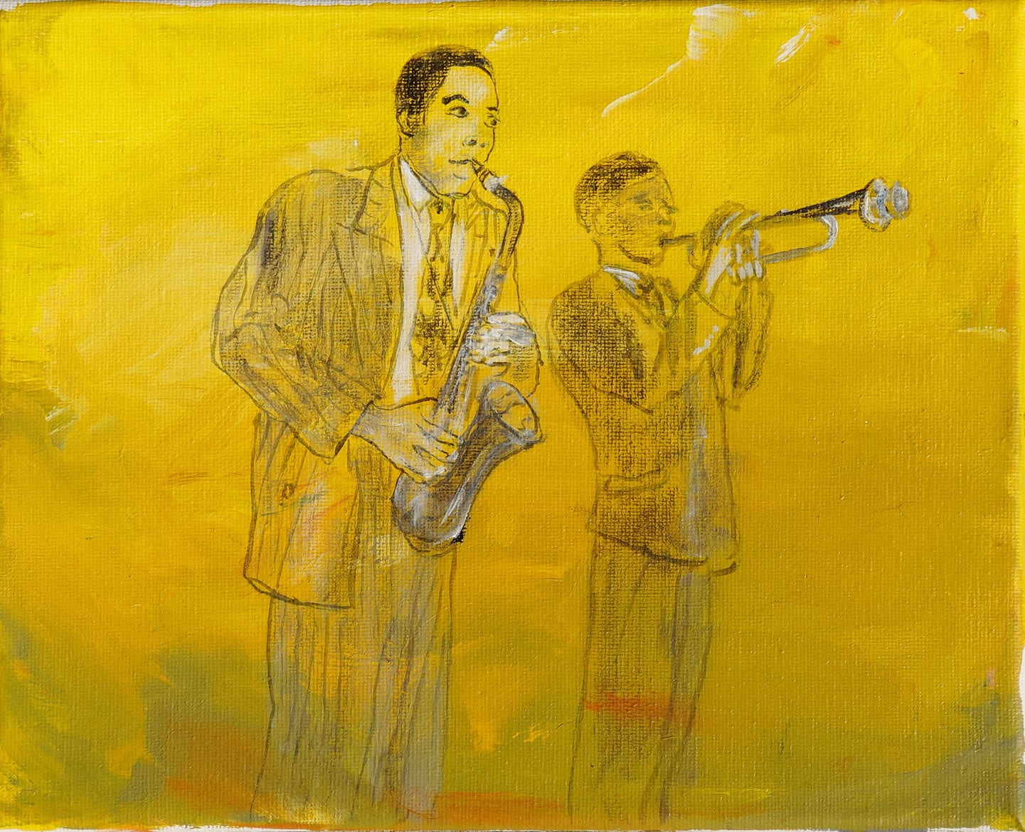 ‘Charlie Parker & Miles Davis’, 2020, acrylic on linen, 20 x 25 cm