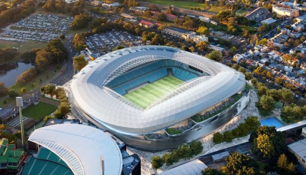 Design proposal for Sydney Football Stadium, including Tina Havelock Stevens, 'Hear Here (a sonic story)', 2022, sound installation