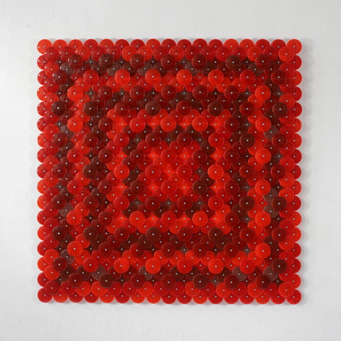 'Red Squares', from the series 'Dust', 2021, customised reflectors on aluminium, 145 x 145 x 4.5cm