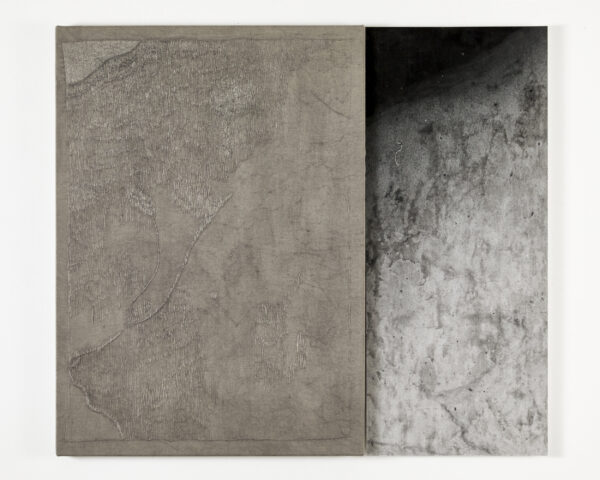 'Diptych II (Vallée de Vénéon)', 2023, hand embroidered linen canvas, graphite, wax, varnish, photographic digital print, graphite stick, 86 x 97cm, created in collaboration with master embroiderers