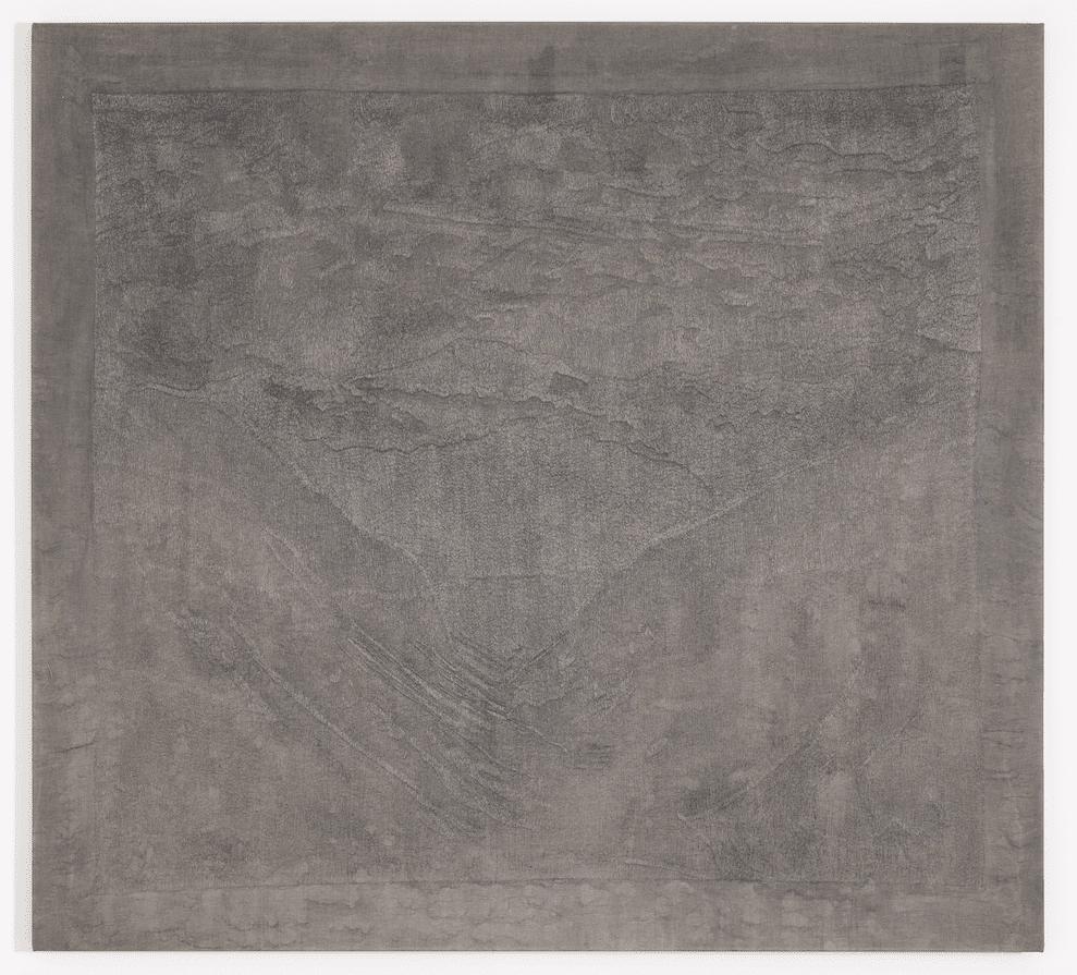 'Vallée de Vénéon II', 2022, hand embroidered linen canvas with graphite wash on stretched canvas, 160 x 183cm, created in collaboration with master embroiderers