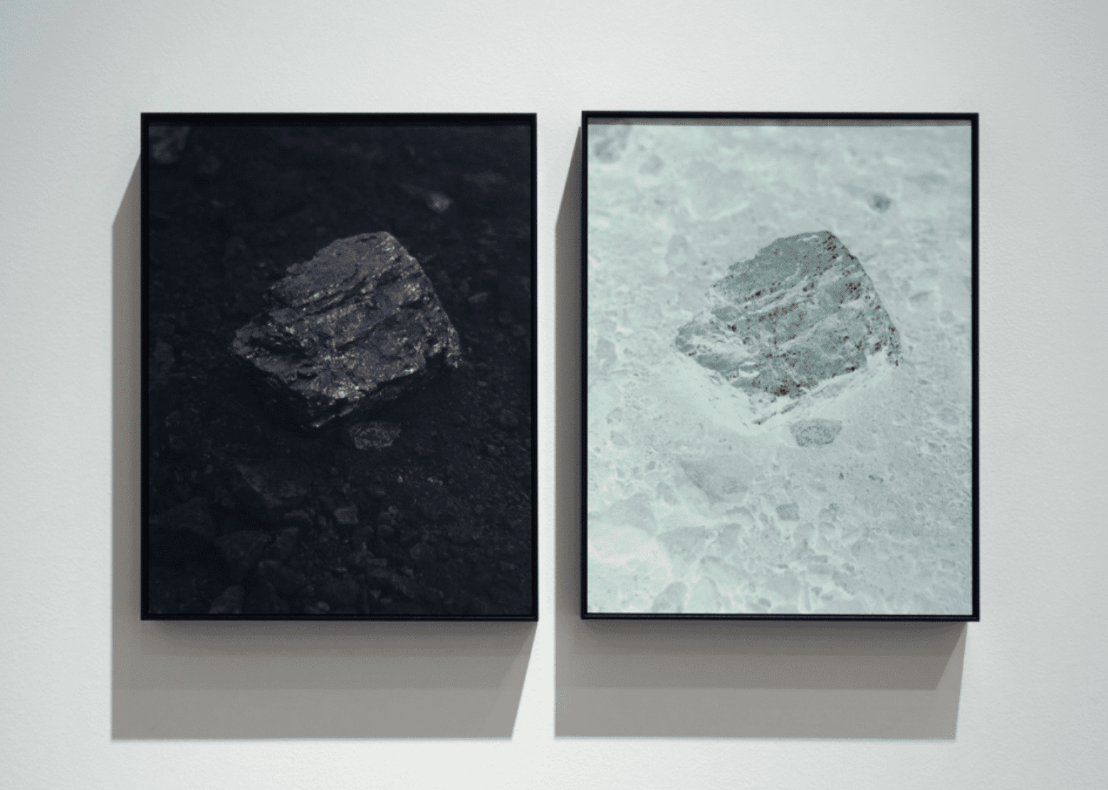 ‘Field Notes from the Edge #19' (arctic coal), diptych, 2021, 33 x 42 cm each, eco solvent pigment prints on cotton rag mounted on Dibond, framed