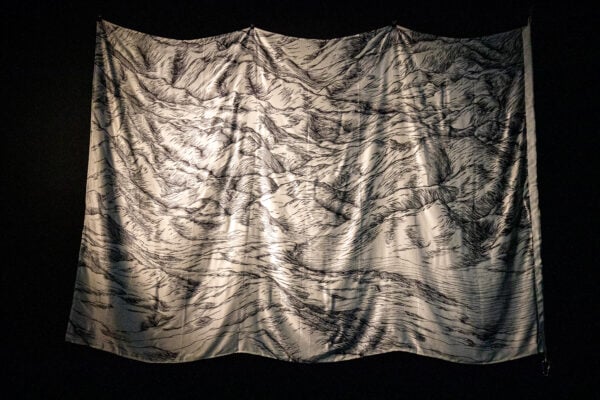 Piers Greville, 'What is Here', 2022, hand drawn silk flags, 120 x 180cm each and durational performance, video, 9 hours (dimensions variable) 