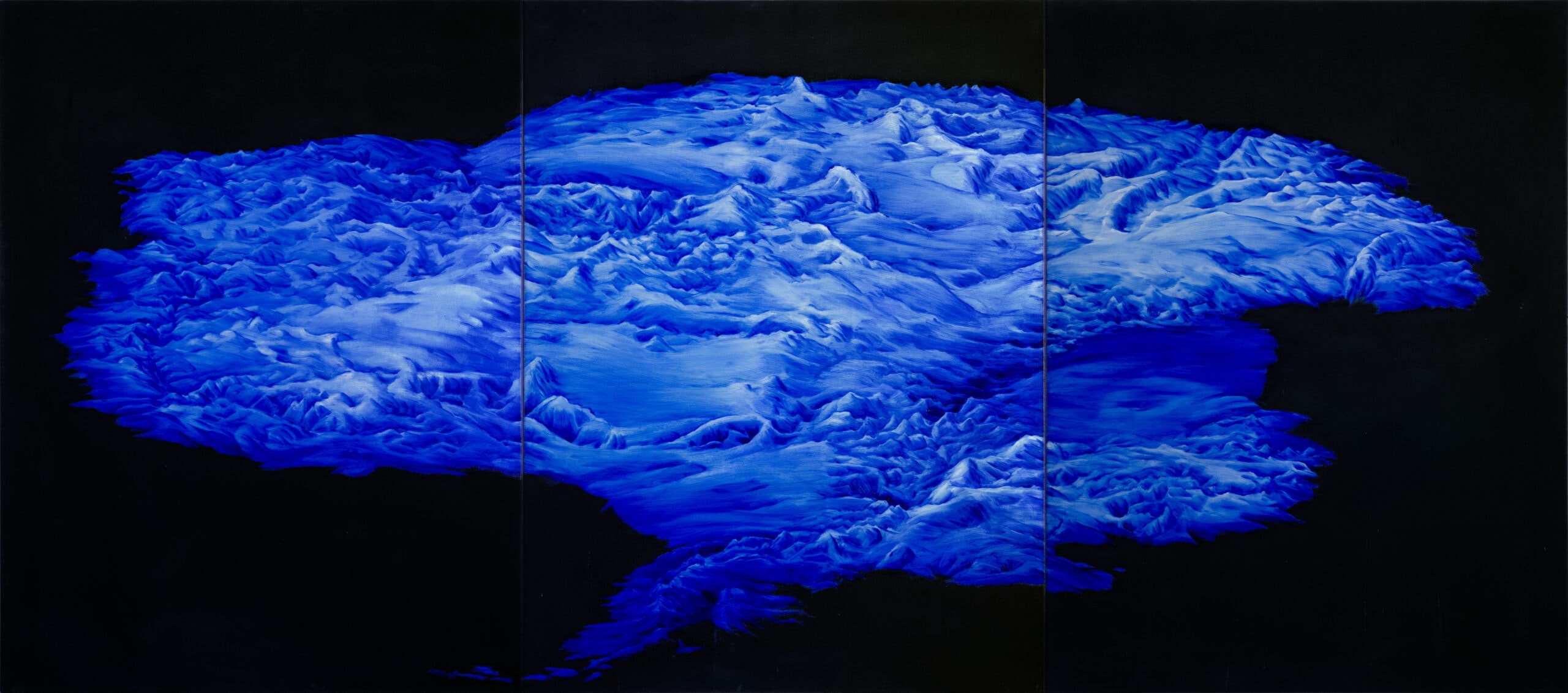 'Datum gelidae [Given the cold]', 2023, oil on linen, three panels, 276 x 122 cm overall