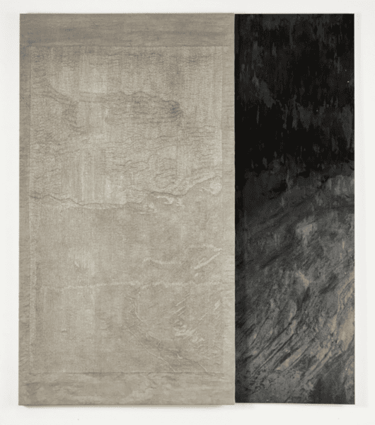 Armando Chant, 'Mountainside Dyptych', 2023, hand embroidered linen, graphite wash, digital photographic print, wax, varnish, and graphite, 120 x 160cm 